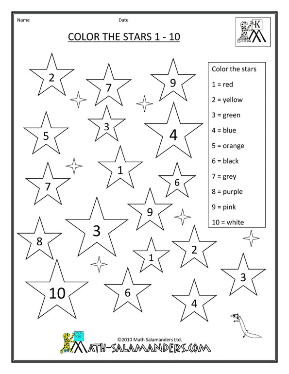 kindergarden math worksheets color in 1 10 color the stars